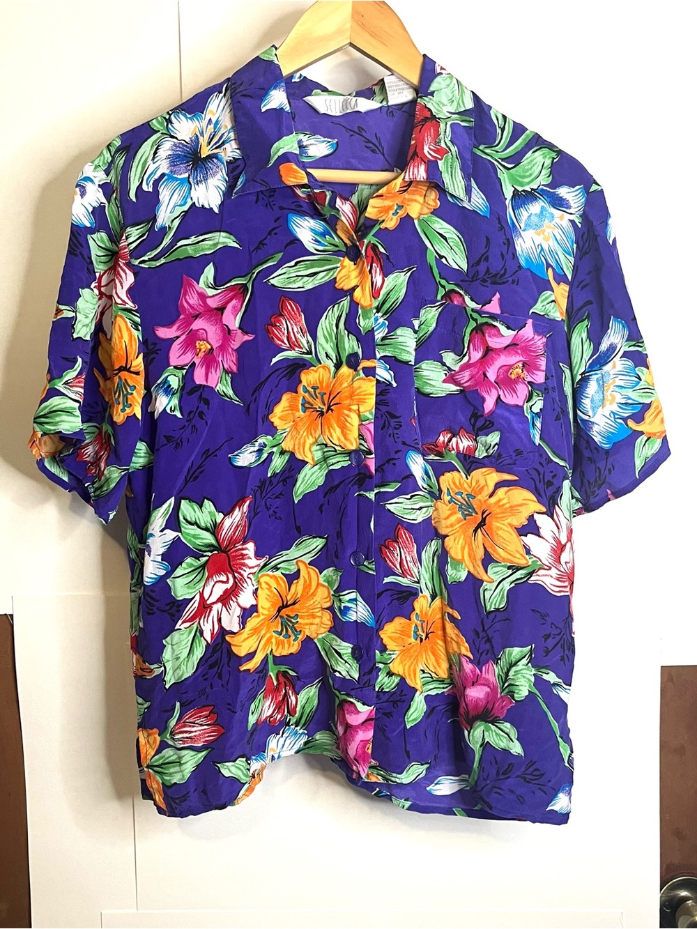 Sellecca Women’s (VTG 12, Fits 6 - 8) Purple Floral Silk Button Up Shirt